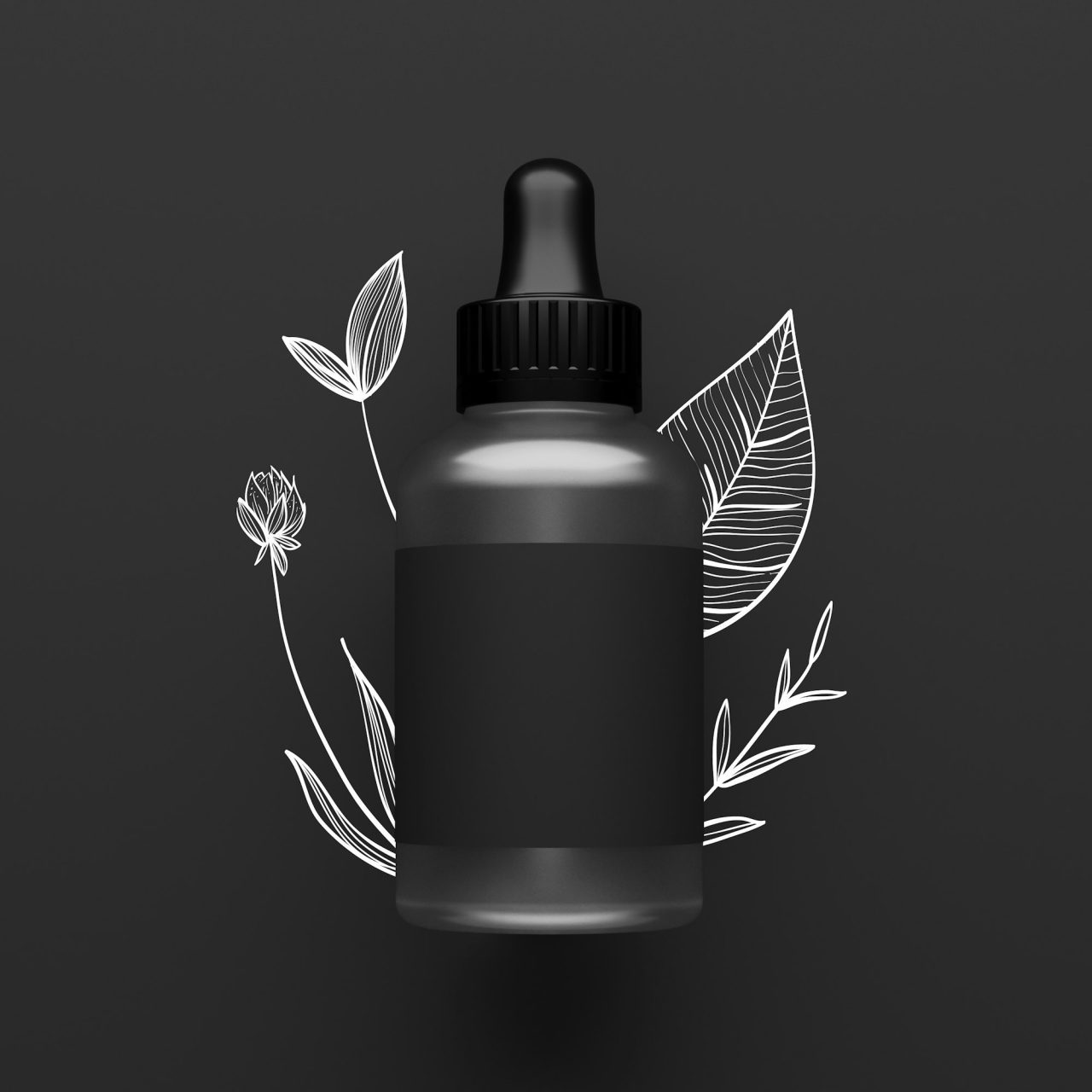 black bottle modern design eye dropper with painted leaves background 3d illustration