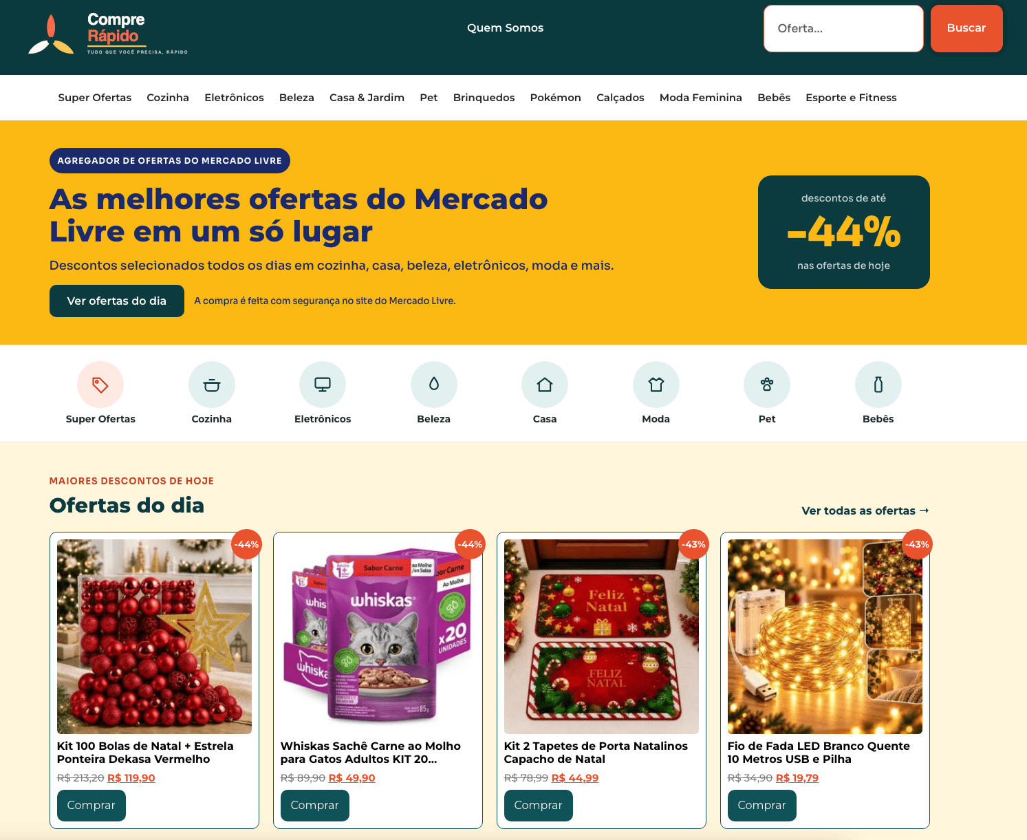 Página inicial do site comprerapido.com.br mostrando ofertas do Mercado Livre